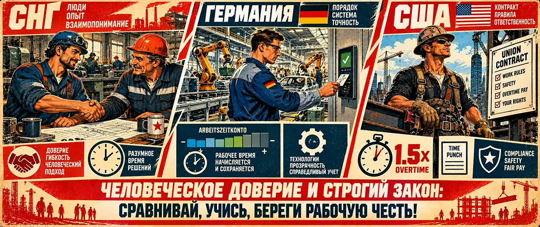 «У них по минутам, у нас — по совести»: как работают трудовые компромиссы на заводах СНГ, Германии и США